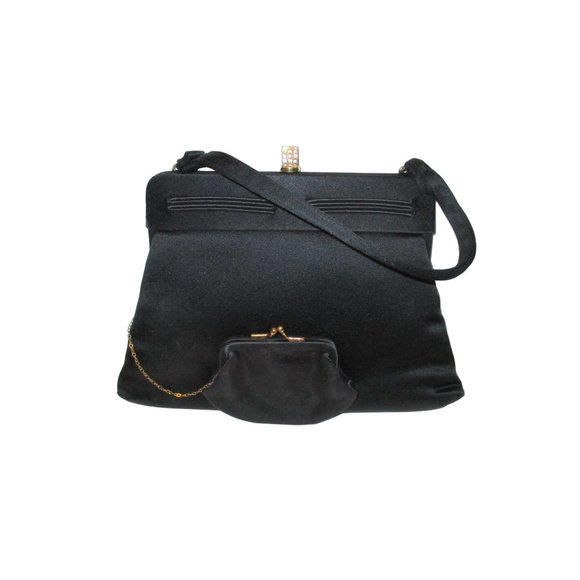 *Vintage Magid Black Peau de Soie Satin Rhinestone Snap Closure Evening Bag - Picture 7 of 8